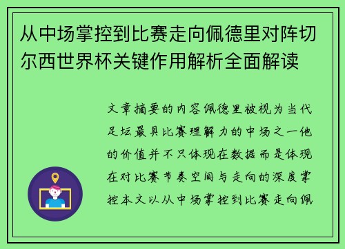 从中场掌控到比赛走向佩德里对阵切尔西世界杯关键作用解析全面解读